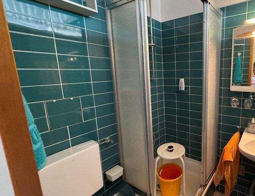 Badezimmer mit Dusche und Fenster