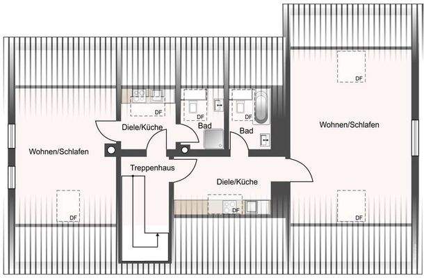 im Dachgeschoss (3+ 4).