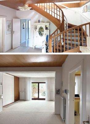 Großes Wohnzimmer mit Treppenaufgang und Zugang zum Esszimmer