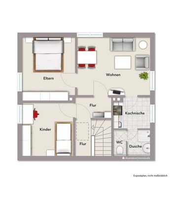 Grundriss Dachgeschoss (nicht maßstabsgerecht, Möblierungsbeispiel)
