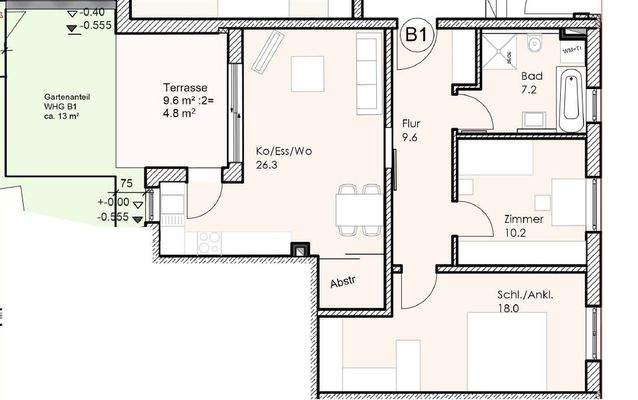 Grundriss zur Wohnung B1 - nicht maßstabsgetreu