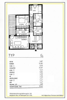 Grundriss, Flächenberechnung  ETW Bergheim-Ahe 202