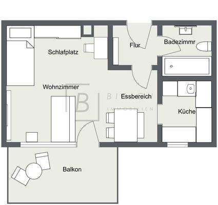 Grundriss  Dieser Grundriss ist nicht maßstabsgerecht und ist zur Maßentnahme nicht geeignet. Er dient nur der Vorinformation