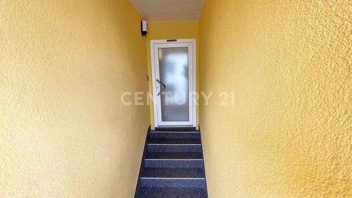 Treppenaufgang mit Steinteppich zum Eingang des Hauses