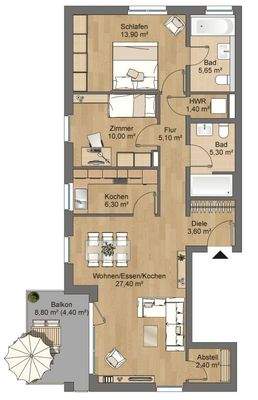 Grundriss mit Flur (5,10 m²), Tageslicht-Bad (5,65 m²), Bad (5,30 m²), separater Abstellraum (2,40 m²), Küche (6,30 m²), 1. Schlafzimmer (13,90 m²), 2. Schlafzimmer (10 m²), Wohnzimmer (27,40 m²)  und Balkon 