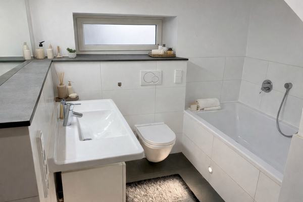 Das Hauptbad im Hochparterre mit Dusche und Badewanne - und Fenster!