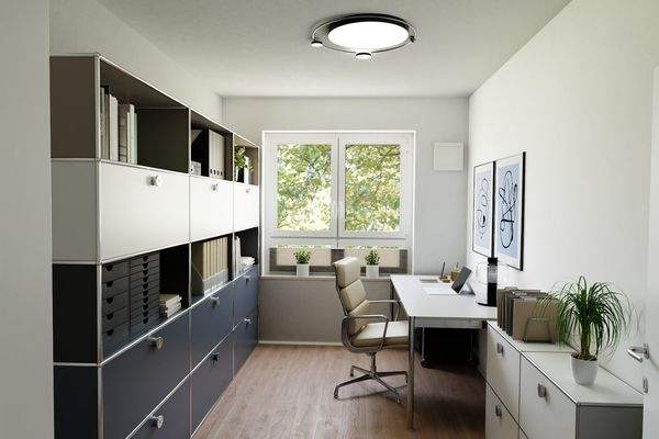 Visualisierung mit beispielhafter Möbilierung: Arbeitszimmer