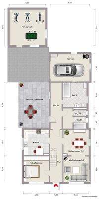 Grundriss Erdgeschoss (nicht maßstabsgerecht, Möblierungsbeispiel)