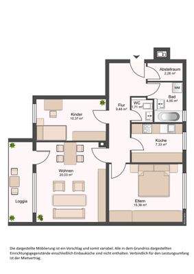Grundriss mit Flur (9,48 m²), Bad (4,55 m²), WC (1,71 m²), Küche (7,33 m²), Wohnzimmer (20,03 m²), Schlafzimmer (15,36 m²), Kinderzimmer (10,37 m²), Abstellraum (2,26 m²) und Balkon