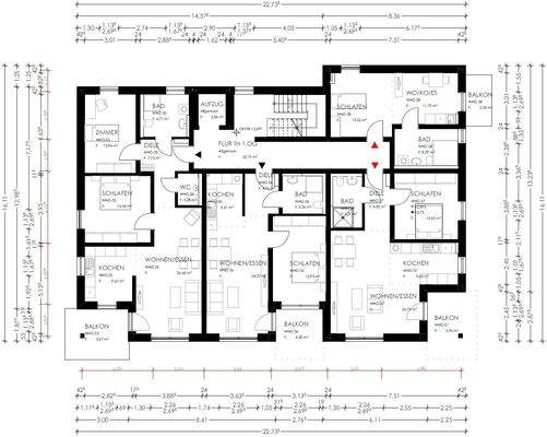 Grundriss mit Maßketten, 1. OG, W 5,6,7,8