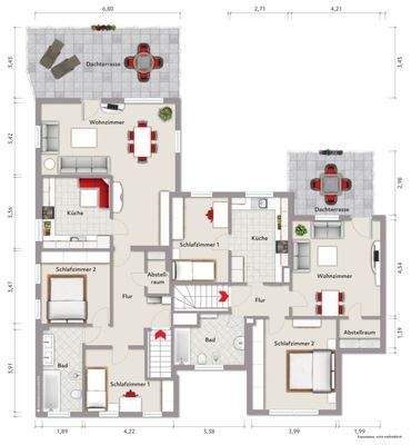 Grundriss Dachgeschoss (nicht maßstabsgerecht, Möblierungsbeispiel)