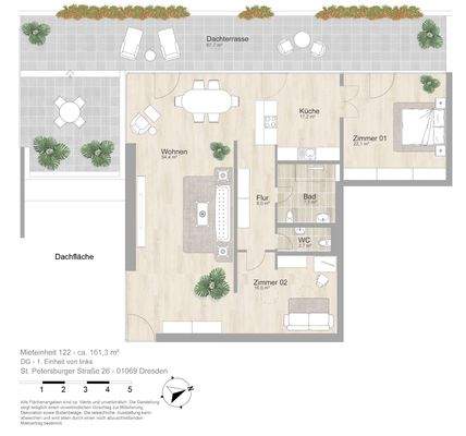 Grundriss farbig / möbliert