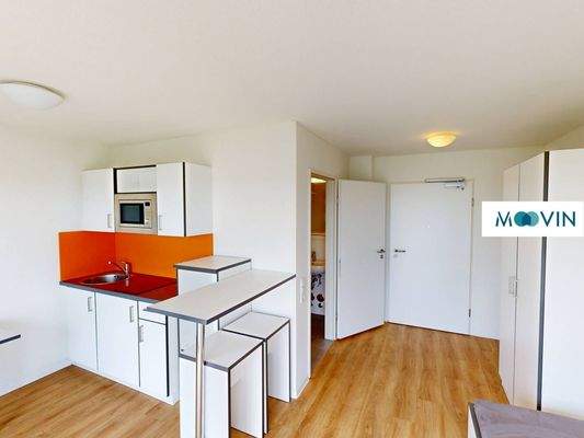 Ansicht III: Wohn- und Schlafzimmer mit offenem Küchenbereich