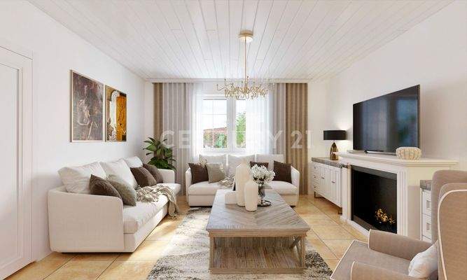 Visualisierung Wohnzimmer mit Blick zum Fenster