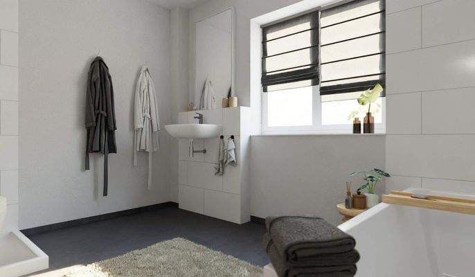 Tageslichtbad mit Badewanne und bodengleicher Dusc