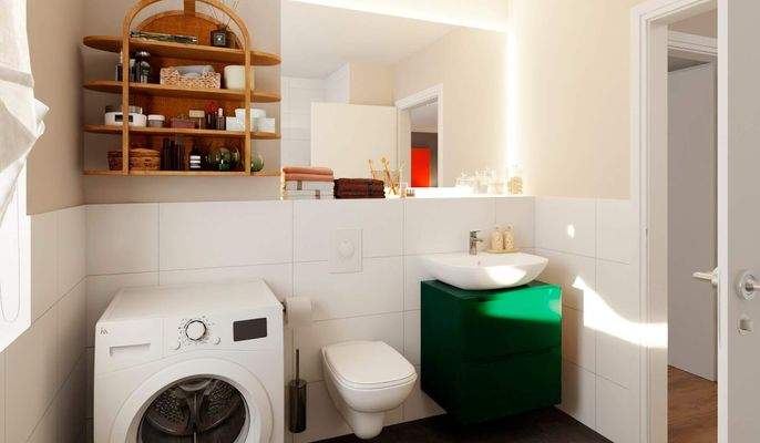 Das moderne Bad vereint Stauraum, Funktionalität u