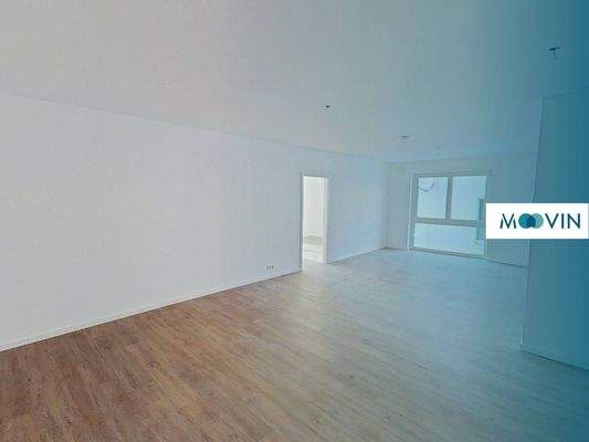 Ansicht I: Wohnzimmer und Essbereich mit offener Küche