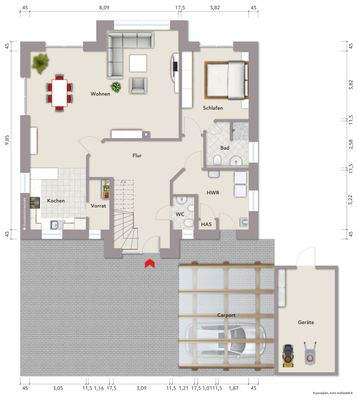 Grundriss Erdgeschoss (nicht maßstabsgerecht, Möblierungsbeispiel)