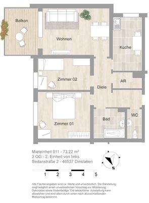 Grundriss farbig / möbliert