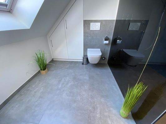 DG: Duschbereich mit Rauchglaswand getrennt.