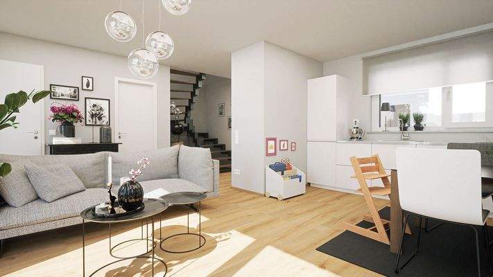 Wohn- und Essbereich mit Kinderstuhl