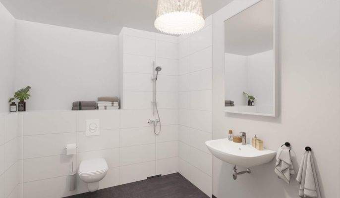 Modern gefliestes Badezimmer mit bodengleicher Dus