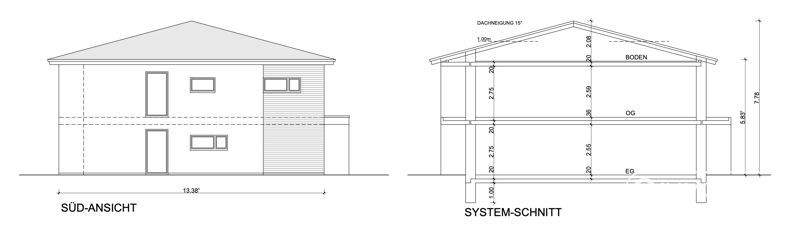 Südansicht und Systemschnitt Reihenhaus