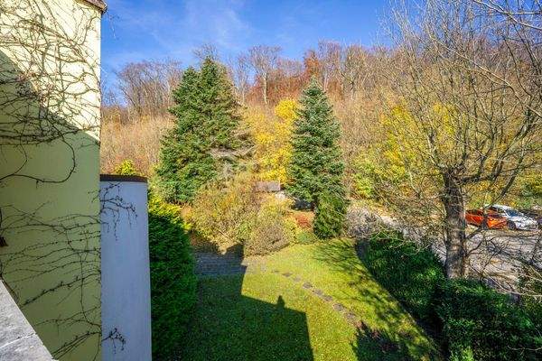 Blick von der Dachterrasse in den Garten und auf den Wienerwald
