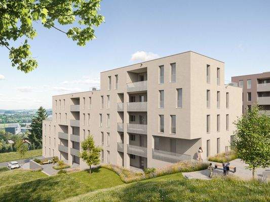 Modernes Wohngebäude mit mehreren Balkonen in einer grünen Hügellandschaft unter blauem Himmel.