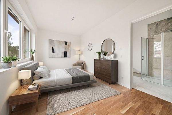 Schlafzimmer mit angrenzendem Badezimmer [KI-generiertes Foto]