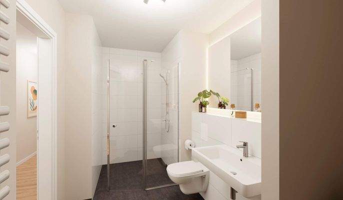 Modern gefliestes Badezimmer mit bodengleicher Dusche