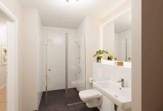 Modern gefliestes Badezimmer mit bodengleicher Dusche