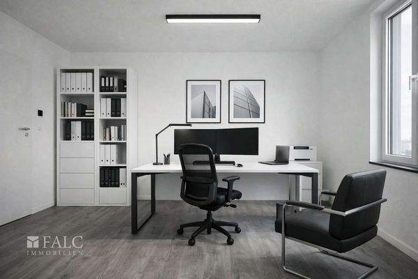 „Großzügiger Raum zur freien Gestaltung, beispielhaft als Homeoffice visualisiert.“