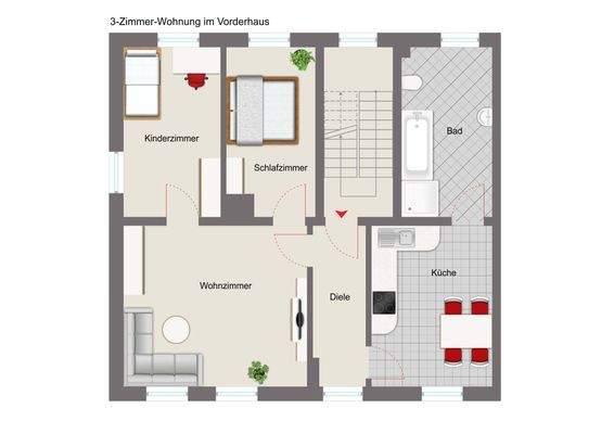 Schematischer Grundriss 3-Zimmer-Wohnung im vorderen Haus