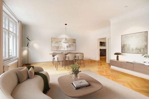 Hohe Decken und ein lichterfüllter Wohnbereich.