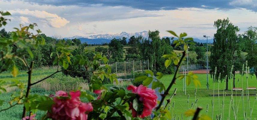 Weitblick vom Terrassengarten bis zu den Alpen