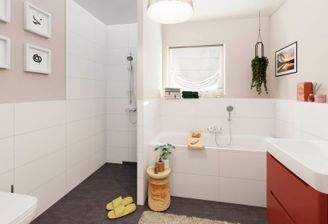 Das moderne Badezimmer mit bodengleicher Dusche und Badewanne