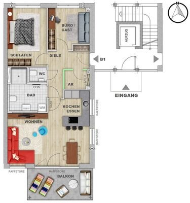 Wohnung B1 Grundrissvariante mit Gäste-WC 