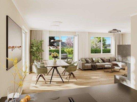 Wohn- und Esszimmer mit Kamin-Musterhaus