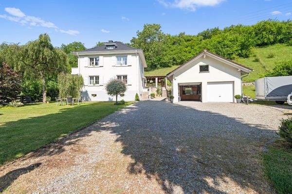 Einfahrt mit Haus und Garage