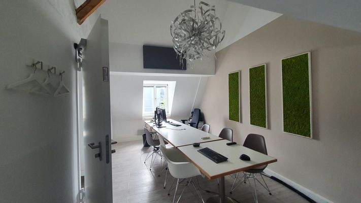 Moderner Besprechungsraum mit langem Tisch, mehreren Monitoren, Design-Leuchte an der Decke und drei Moosbildern an der Wand.