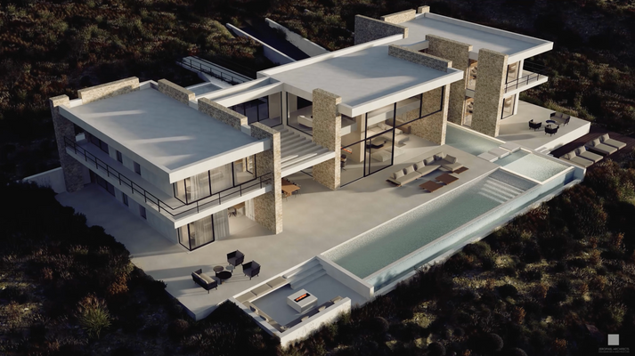 Luftansicht der Villa mit Poolanlage