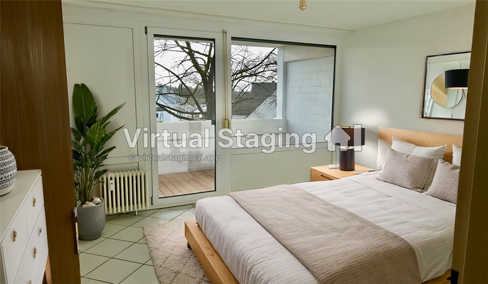 Schlafzimmer mit Zugang zum Balkon - möbliert