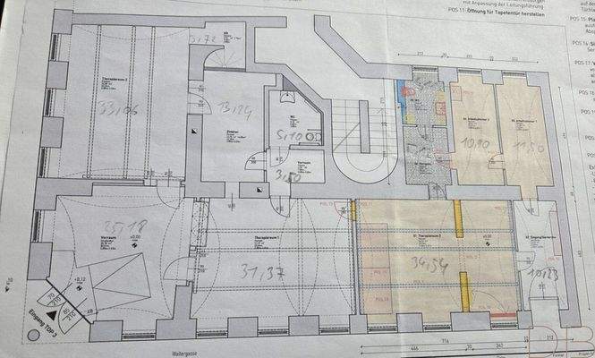 Grundriss EG (Wand zwischen dem gelb markierten Raum und dem links angrenzenden, wurde entfernt)