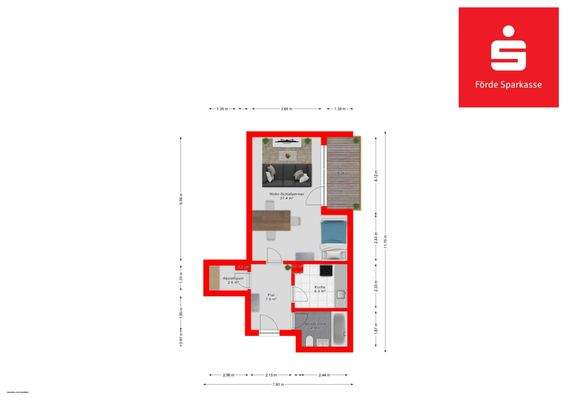 bemaßter Grundriss 1-Zi-ETW