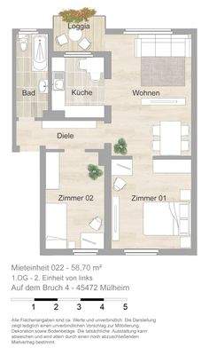 Grundriss farbig / möbliert