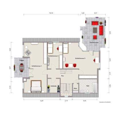 Grundriss Dachgeschoss (nicht maßstabsgerecht, Möblierungsbeispiel)