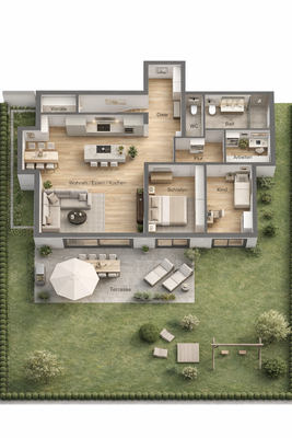 Grundriss Erdgeschoss mit Garten 3d