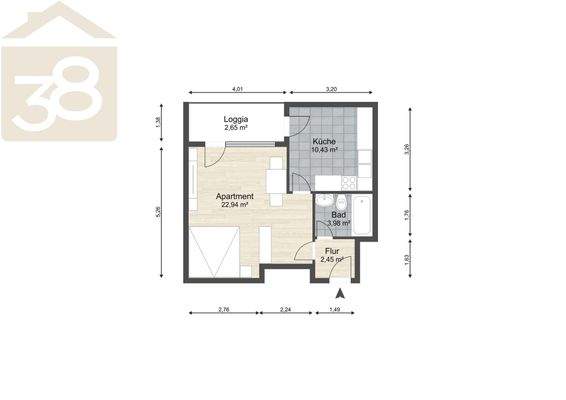 Grundriss 1 Zimmer Balkon