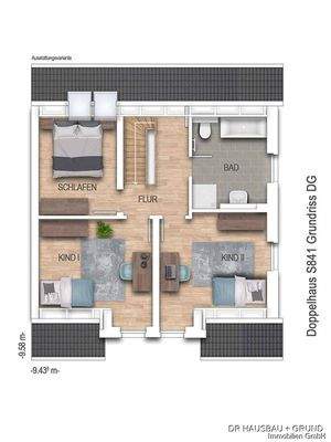 Drei helle Schlafzimmer und ein komfortables Bad – durch den Zwerchgiebel mit bodentiefen Fenstern besonders lichtdurchflutet